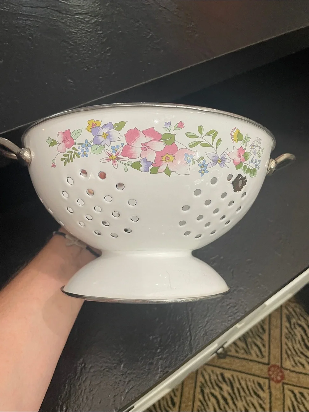 Kobe Colander White Floral Footed Colander with Pink & Purple Flowers 5x11
